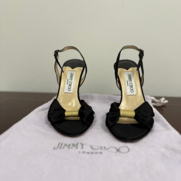 JImmy Choo Black Satin with Gold Wrapped Box Open Toe Heels - Picture 2 of 5